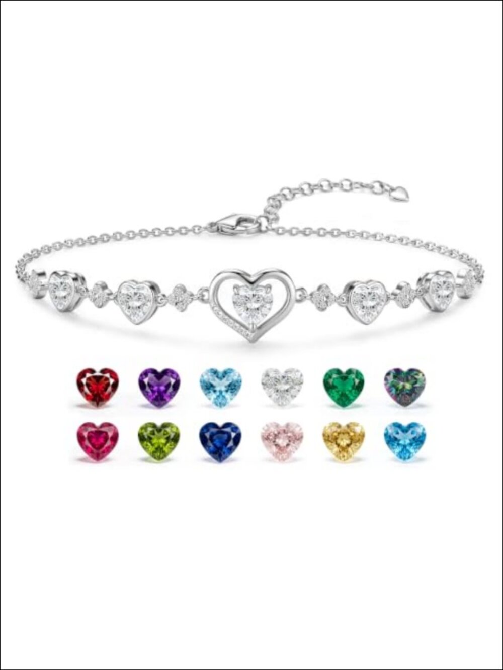 925 Sterling Silver Link Charm Bracelet Simulated Diamond Adjustable Women